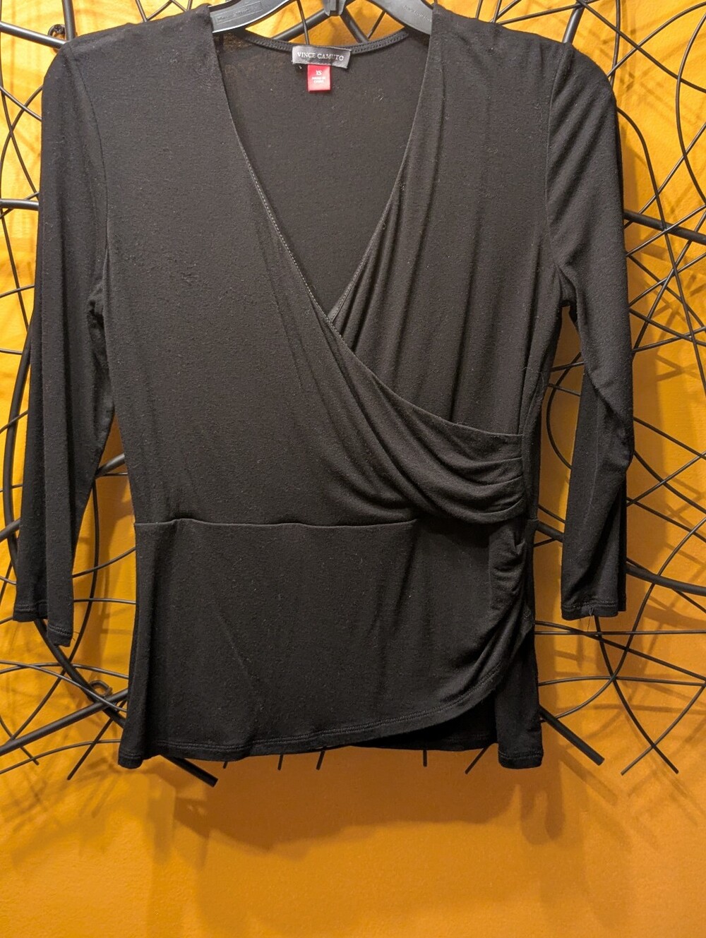 Vince Camuto Black Side-Ruched Faux Wrap V-Neck Top (XS)